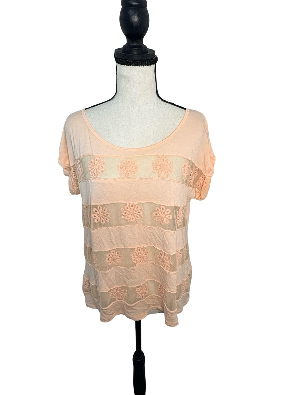 Free People Blush Pink Embroidered Mesh Floral Top Size Small